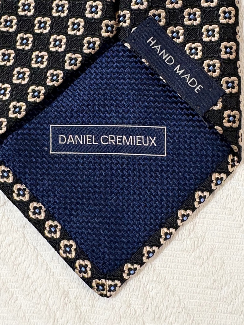 Daniel Cremieux Silk Tie Navy Blue Geometric Medallion Handmade Luxury Necktie